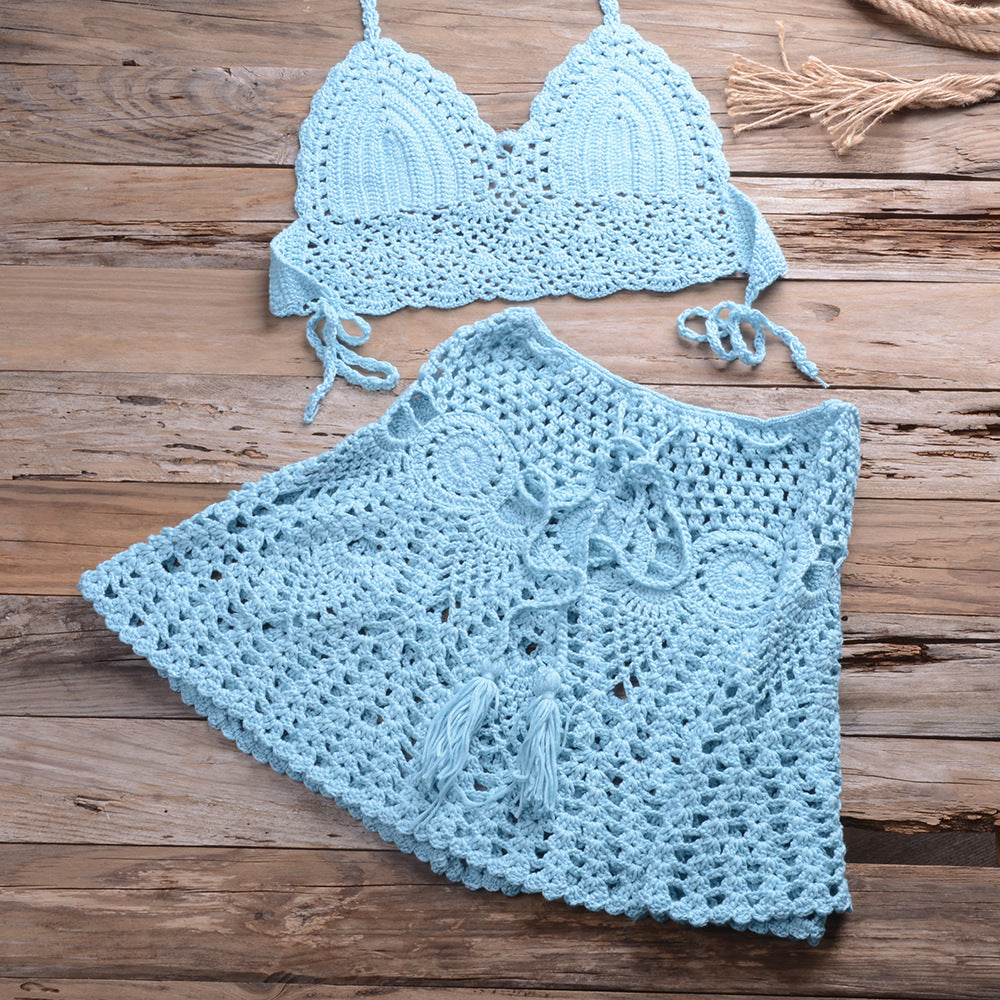 Hand Crocheting Bikini Wrapped Chest with Sexy All-Matching Hollow Out Cutout Pleated Skirt Split Swimsuit Bella Mia